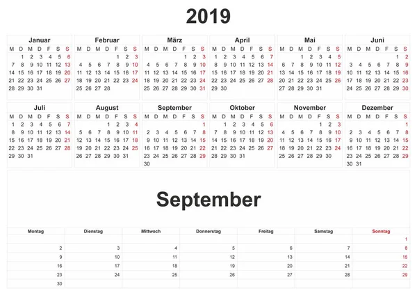 2019 Calendario Mensual Alemán Con Fondo Blanco — Foto de Stock