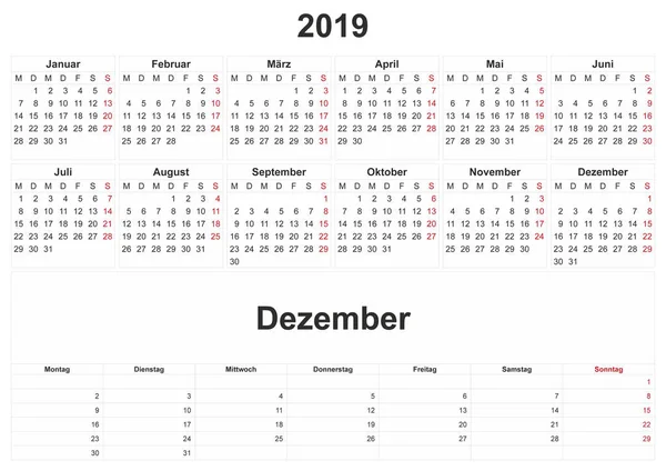 2019 Niemiecki Kalendarz Miesięczny Białym Tłem — Zdjęcie stockowe