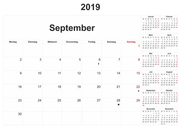 ドイツ 2019 白い背景を持つ月間カレンダー — ストック写真