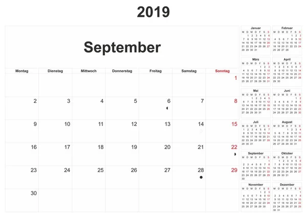 2019 Calendario Mensual Alemán Con Fondo Blanco —  Fotos de Stock