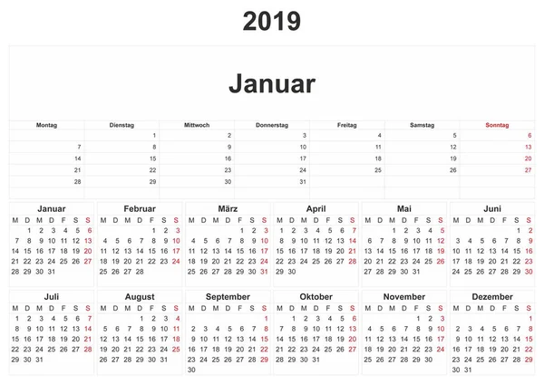 2019 Calendario Mensual Alemán Con Fondo Blanco —  Fotos de Stock