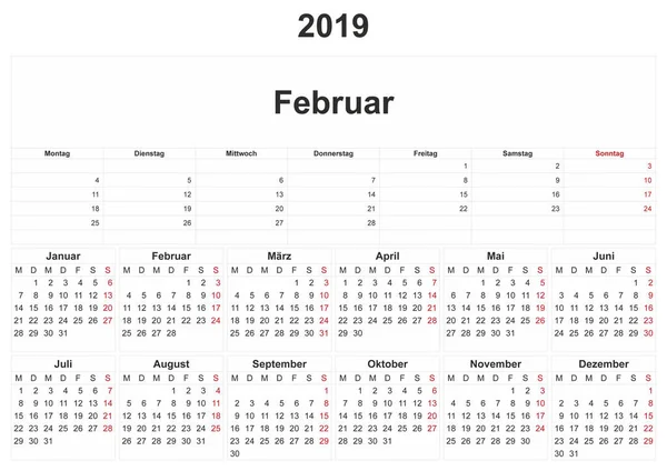 2019 Niemiecki Kalendarz Miesięczny Białym Tłem — Zdjęcie stockowe