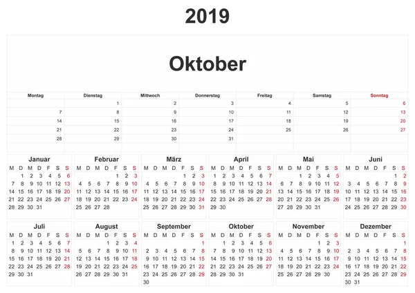 2019 Calendario Mensual Alemán Con Fondo Blanco —  Fotos de Stock