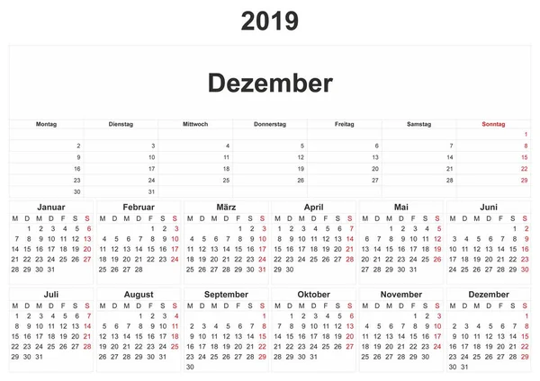 2019 Німецьку Щомісяця Календаря Білим Тлом — стокове фото