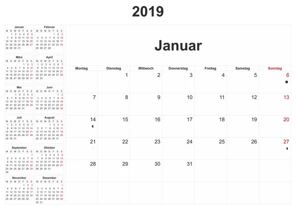 2019 Calendario Mensile Tedesco Con Sfondo Bianco — Foto Stock