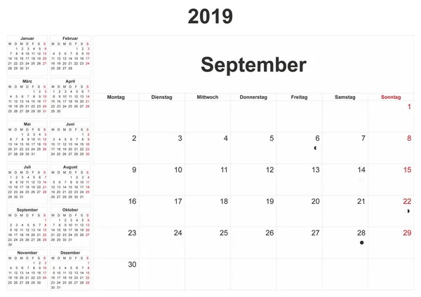 2019 Calendario Mensual Alemán Con Fondo Blanco —  Fotos de Stock