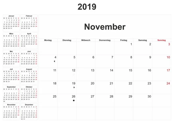 ドイツ 2019 白い背景を持つ月間カレンダー — ストック写真