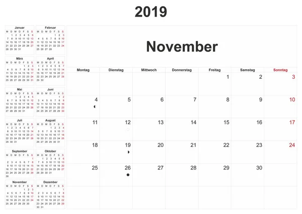 2019 Calendario Mensile Tedesco Con Sfondo Bianco — Foto Stock