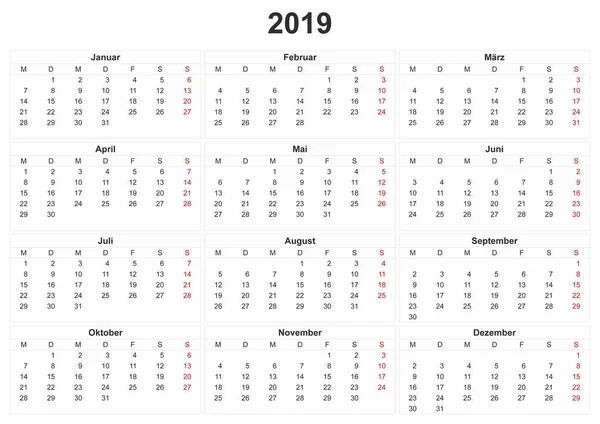 2019 Calendário Mensal Alemão Com Fundo Branco — Fotografia de Stock