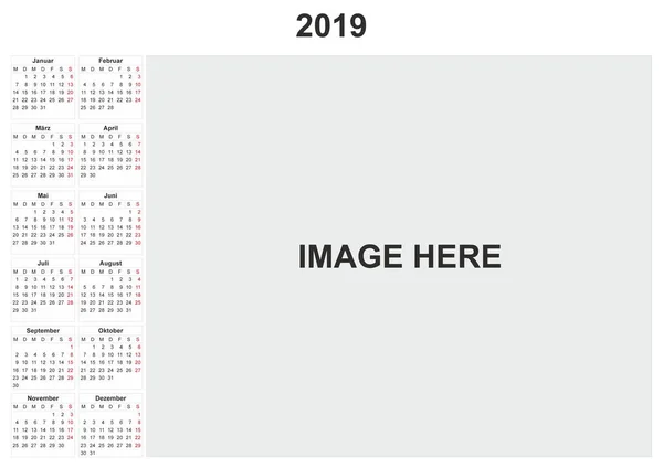 Német 2019 Havi Naptár Fehér Háttér — Stock Fotó