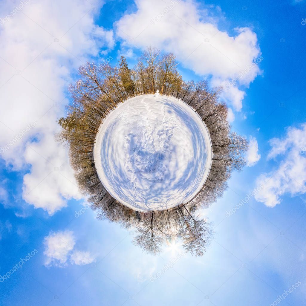 Little Planet. A Spherical 360 degrees seamless panorama view in Spherical projection, panorama of natural landscape in Germany.