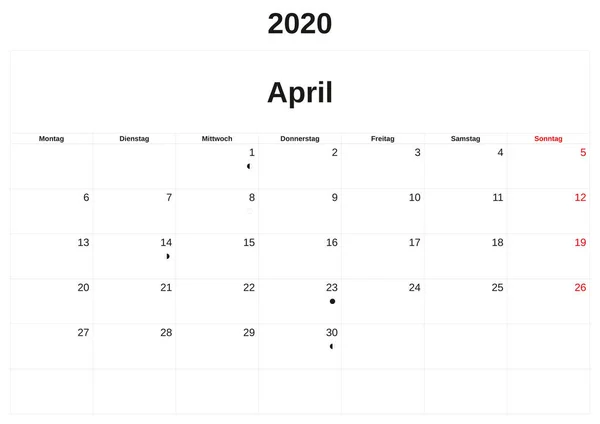 독일어에서 흰색 배경 월간 달력 2020. — 스톡 사진