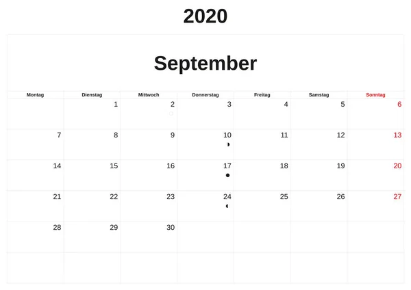 2020 um calendário mensal com fundo branco em alemão . — Fotografia de Stock