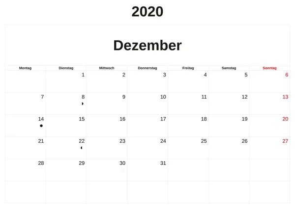 2020 un calendario mensile con sfondo bianco in tedesco . — Foto Stock