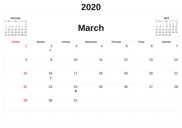 2020 a monthly calendar  with white background. — Stock Photo, Image