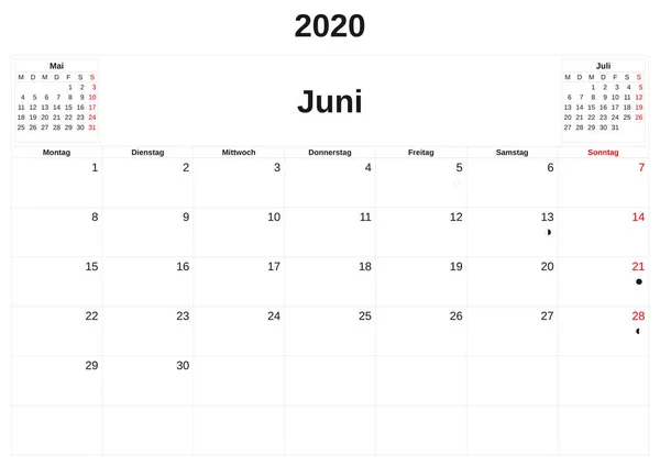 2020 un calendrier mensuel avec fond blanc en allemand . — Photo