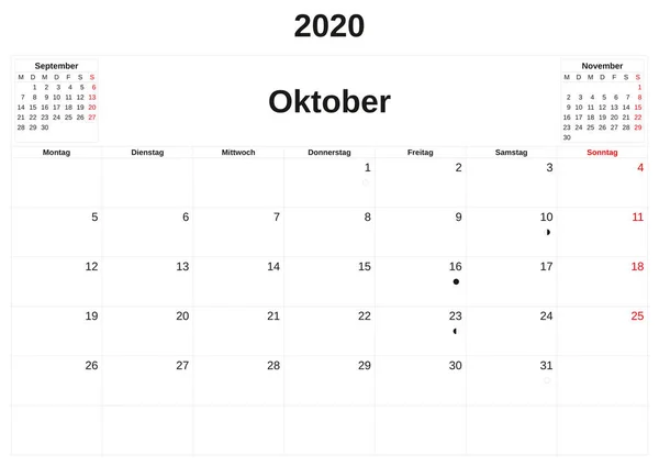 2020, co miesiąc kalendarza z białym tłem w języku niemieckim. — Zdjęcie stockowe
