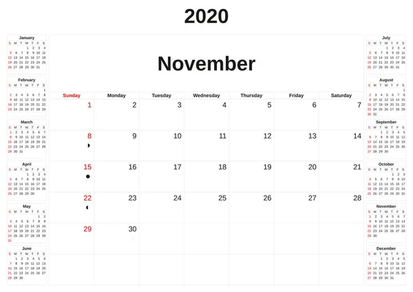毎月のカレンダーの白い背景を持つ 2020. — ストック写真