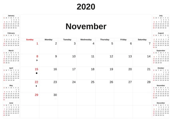 2020 un calendario mensual con fondo blanco . —  Fotos de Stock