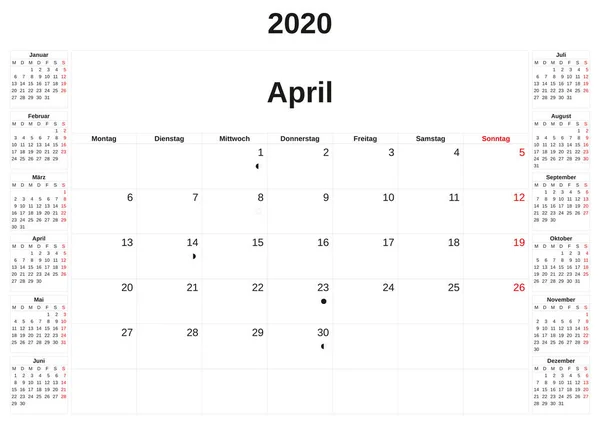 2020 um calendário mensal com fundo branco em alemão . — Fotografia de Stock