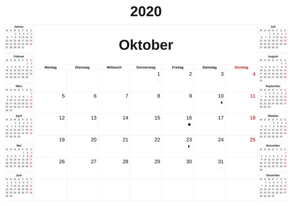 2020 μηνιαίο ημερολόγιο με λευκό φόντο στα Γερμανικά. — Φωτογραφία Αρχείου
