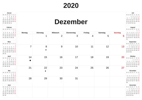 2020 en månatlig kalender med vit bakgrund i tyska. — Stockfoto