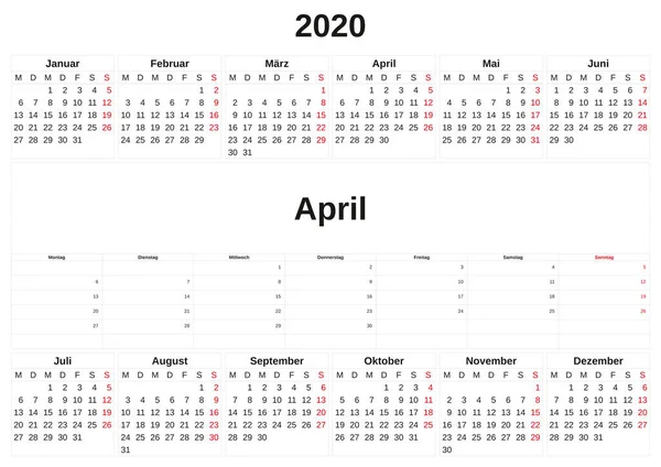 2020 a monthly calendar  with white background in German. — Stock Photo, Image