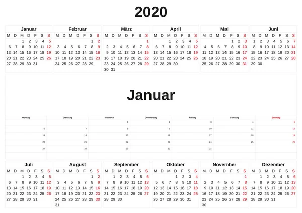 ドイツ語で白い背景を持つカレンダーの毎月 2020. — ストック写真