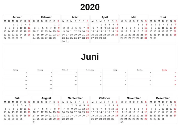 2020 un calendrier mensuel avec fond blanc en allemand . — Photo