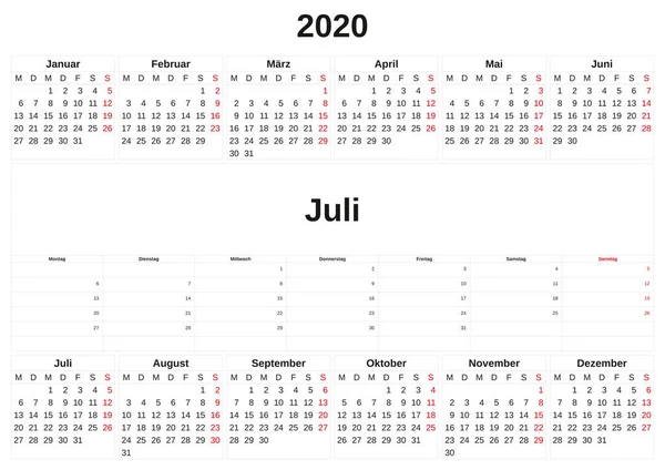 2020 un calendario mensile con sfondo bianco in tedesco . — Foto Stock