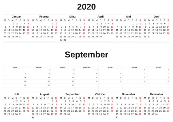 2020 un calendario mensual con fondo blanco en alemán . —  Fotos de Stock