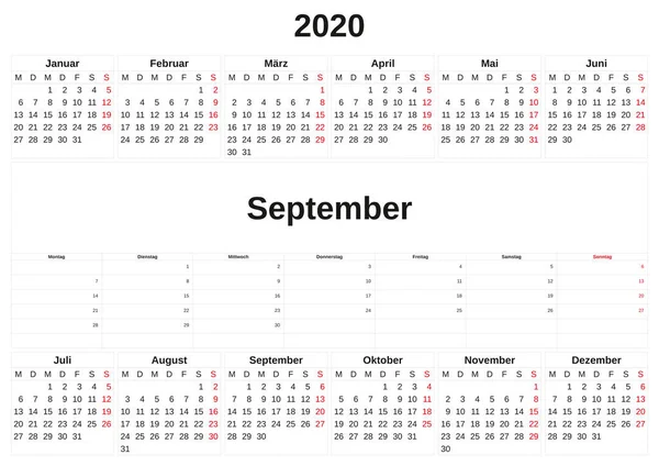 2020 ein Monatskalender mit weißem Hintergrund. — Stockfoto