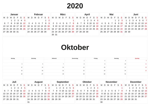 2020 un calendario mensual con fondo blanco en alemán . — Foto de Stock