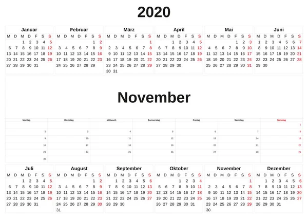 2020 a monthly calendar  with white background in German. — Stock Photo, Image