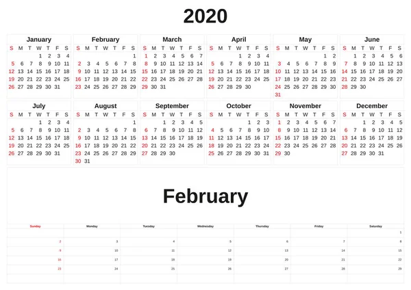 2020 een maandelijkse kalender met witte achtergrond. — Stockfoto
