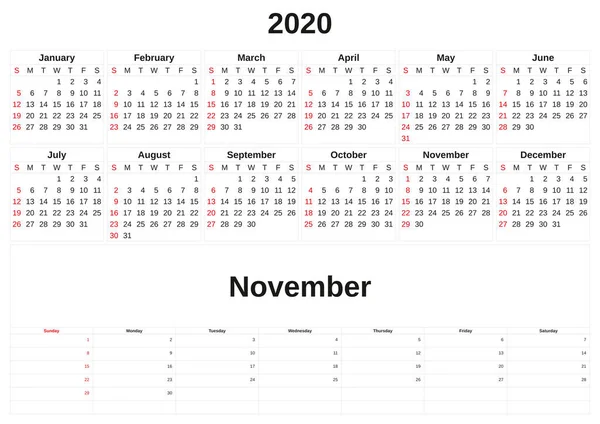 2020 een maandelijkse kalender met witte achtergrond. — Stockfoto