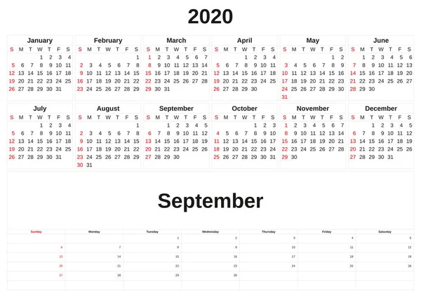 2020 un calendario mensile con sfondo bianco . — Foto Stock