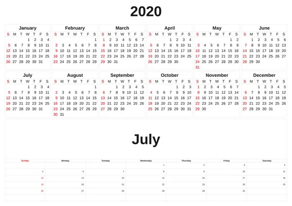 2020-ra a havi naptár fehér háttér. — Stock Fotó