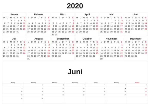 2020 a monthly calendar  with white background in German. — Stock Photo, Image