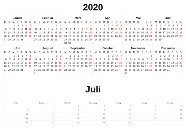 ドイツ語で白い背景を持つカレンダーの毎月 2020. — ストック写真