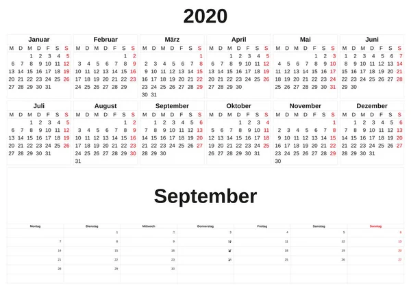 2020 a monthly calendar  with white background in German. — Stock Photo, Image