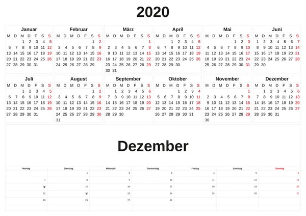 독일어에서 흰색 배경 월간 달력 2020. — 스톡 사진