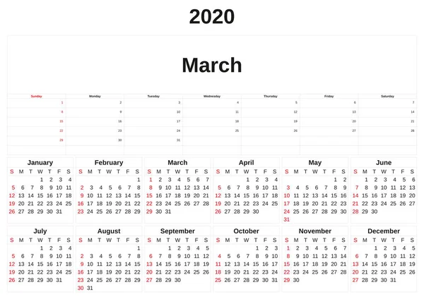 2020 kuukausittainen kalenteri valkoisella taustalla . — kuvapankkivalokuva