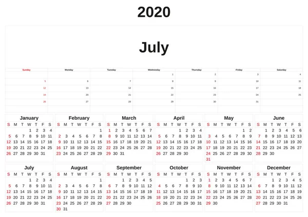 2020 ein Monatskalender mit weißem Hintergrund. — Stockfoto