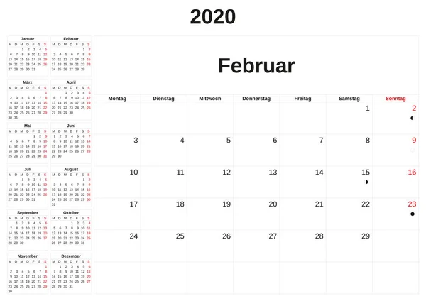 2020 a monthly calendar  with white background in German. — Stock Photo, Image