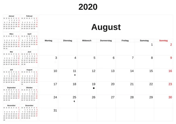 2020 un calendario mensual con fondo blanco en alemán . — Foto de Stock