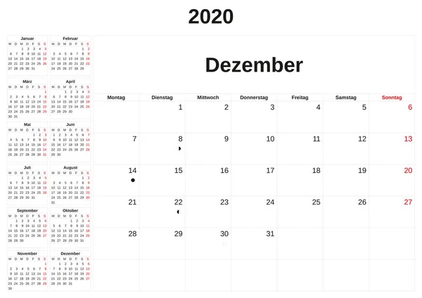 2020 a monthly calendar  with white background in German. — Stock Photo, Image