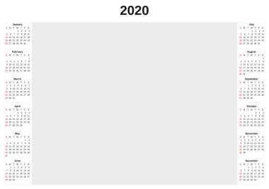 2020 beyaz arka plan ile yıllık takvim.