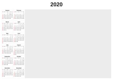 2020 beyaz arka plan ile yıllık takvim.