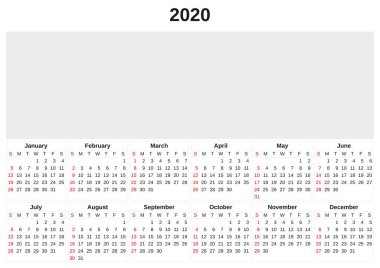 2020 beyaz arka plan ile yıllık takvim.